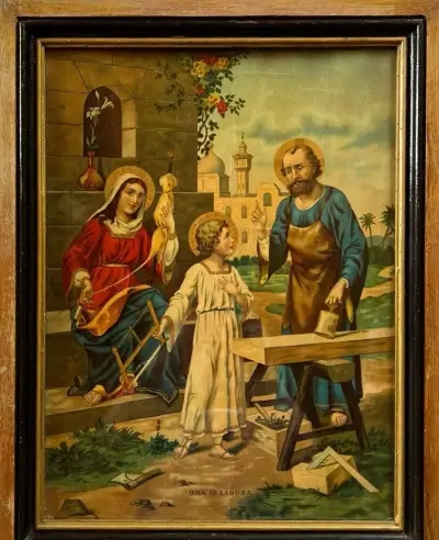 Starožitný obraz Svatá rodina – Ora et labora (cca r. 1930
