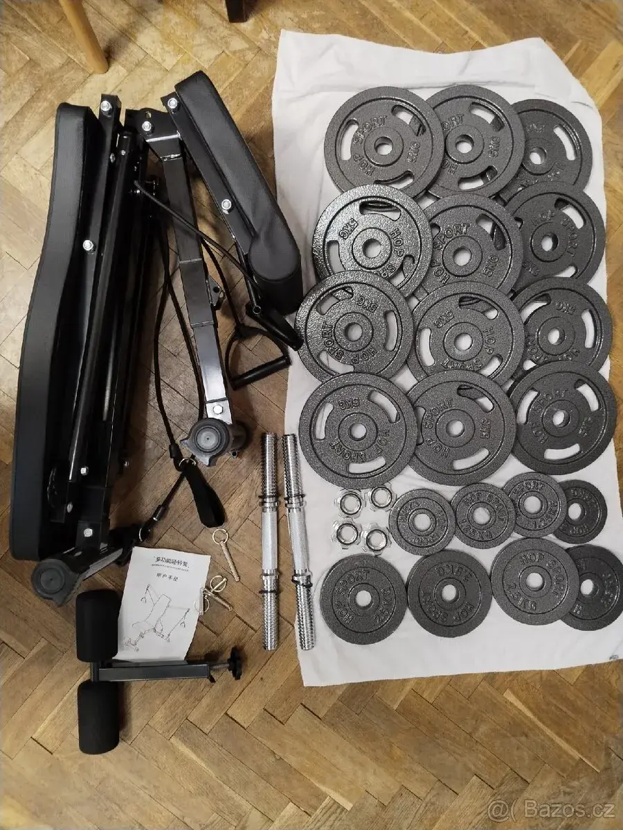 Jednoruční činky + lavice+ závaží 75kg