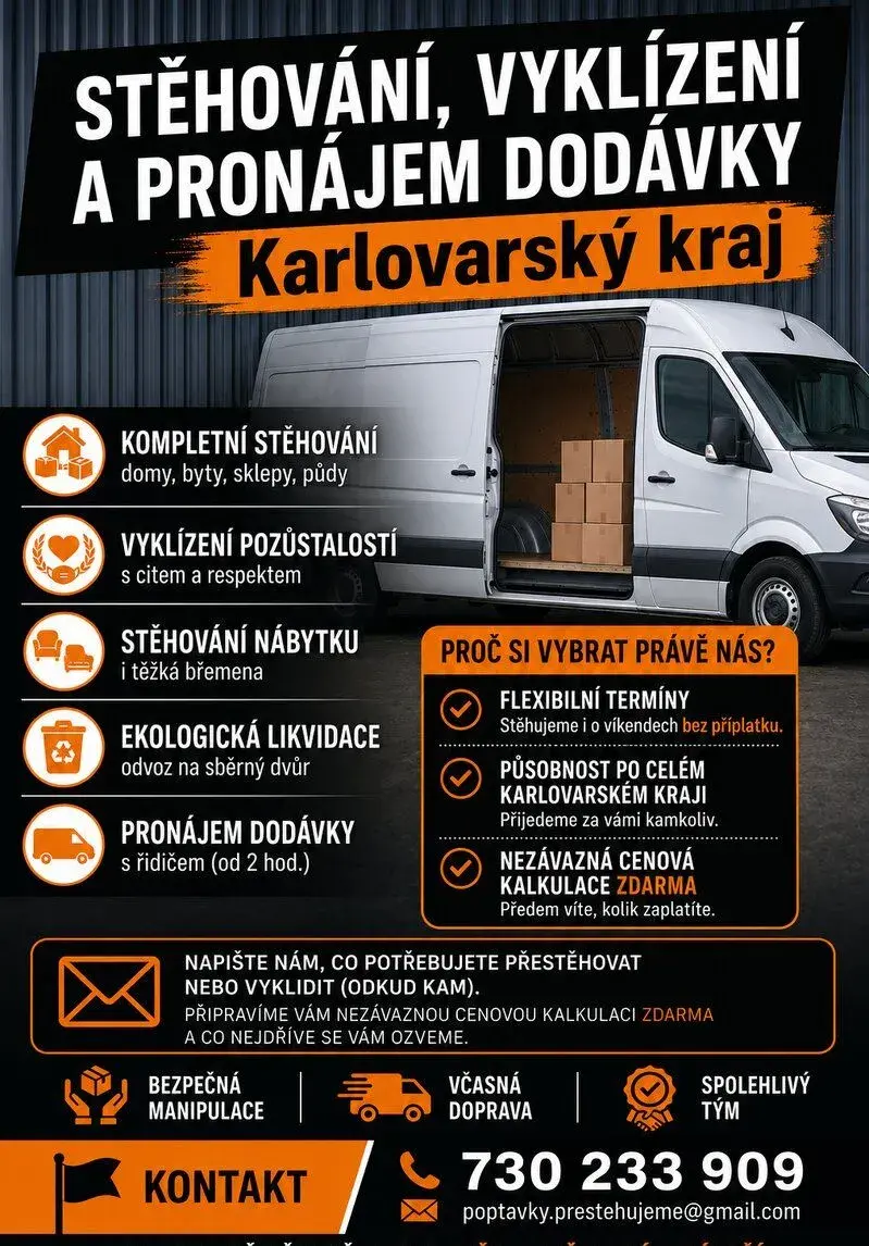 Stěhování, vyklízení a pronájem dodávky - Karlovarský kraj