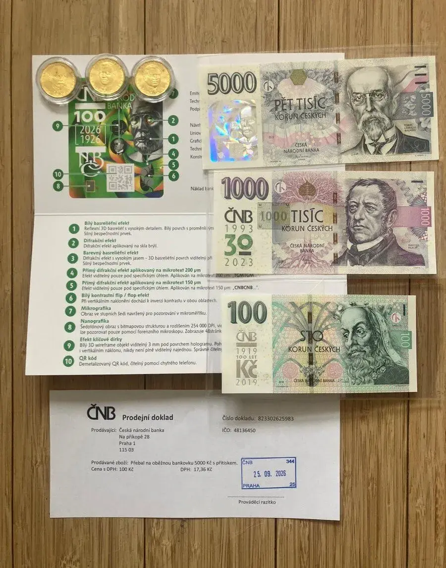 100 Kč, 1000 Kč a 5000 Kč s přítiskem + 20 Kč