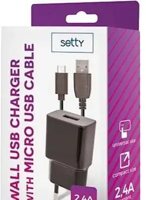 Setty síťová nabíječka, černá + kabel microUSB, 1m, černá