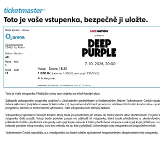 DEEP PURPLE Praha O2 Aréna 2 lístky