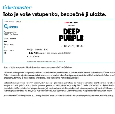 DEEP PURPLE Praha O2 Aréna 2 lístky