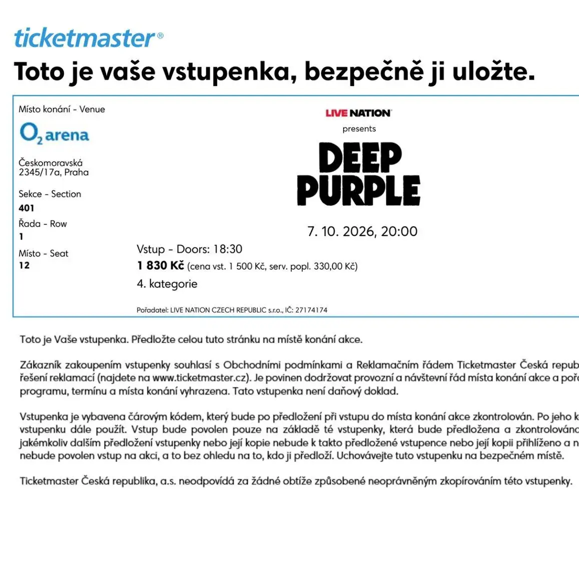 DEEP PURPLE Praha O2 Aréna 2 lístky