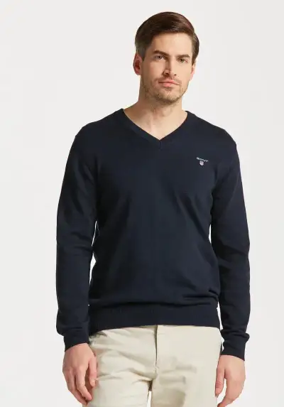 GANT KRÁSNÝ BAVLNĚNÝ PÁNSKÝ NAVY SVETR V NECK XL-TEPLÝ
