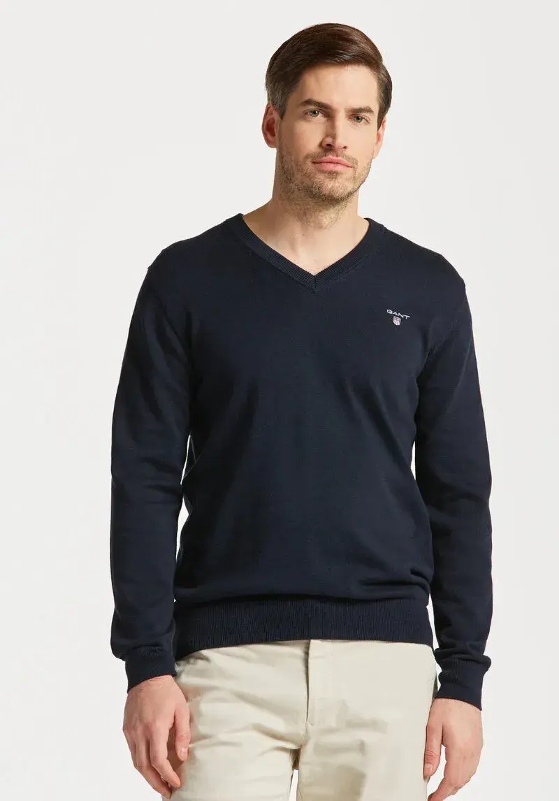 GANT KRÁSNÝ BAVLNĚNÝ PÁNSKÝ NAVY SVETR V NECK XL-TEPLÝ