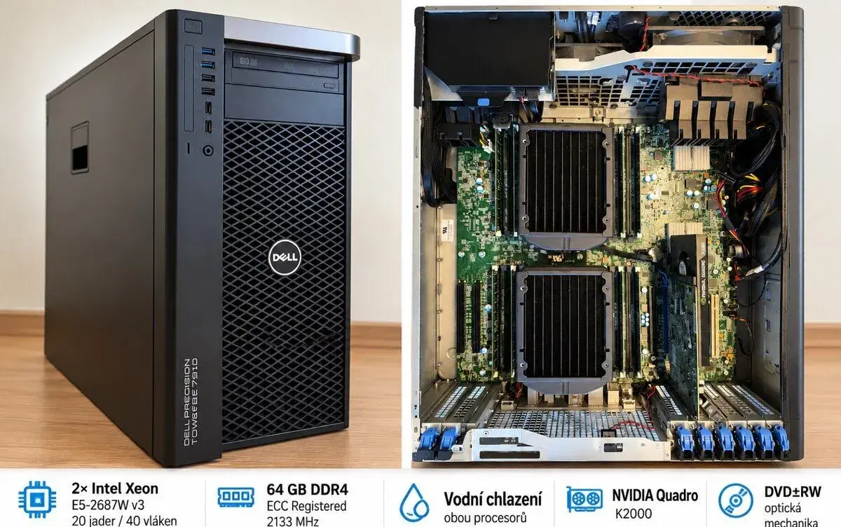 Dell Precision T7910 – 2× Xeon, 64 GB RAM, vodní chlazení