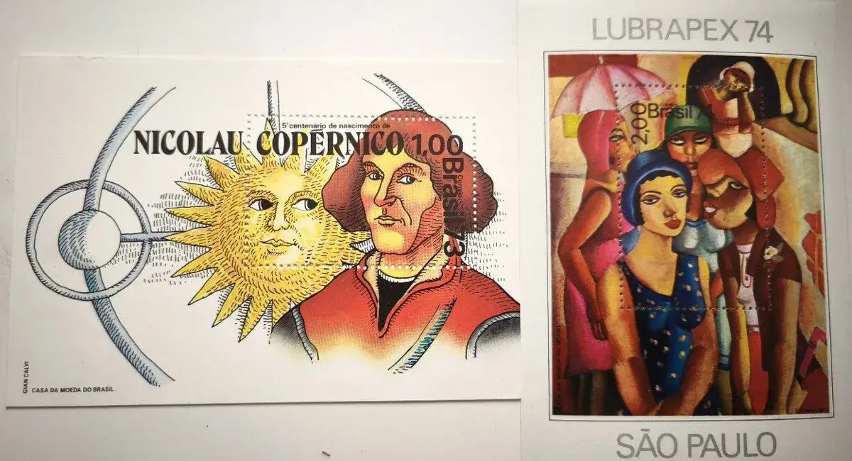 2x známka Nikolau Copernico Brasil 73 a Lubrapex 74 Sao Paul