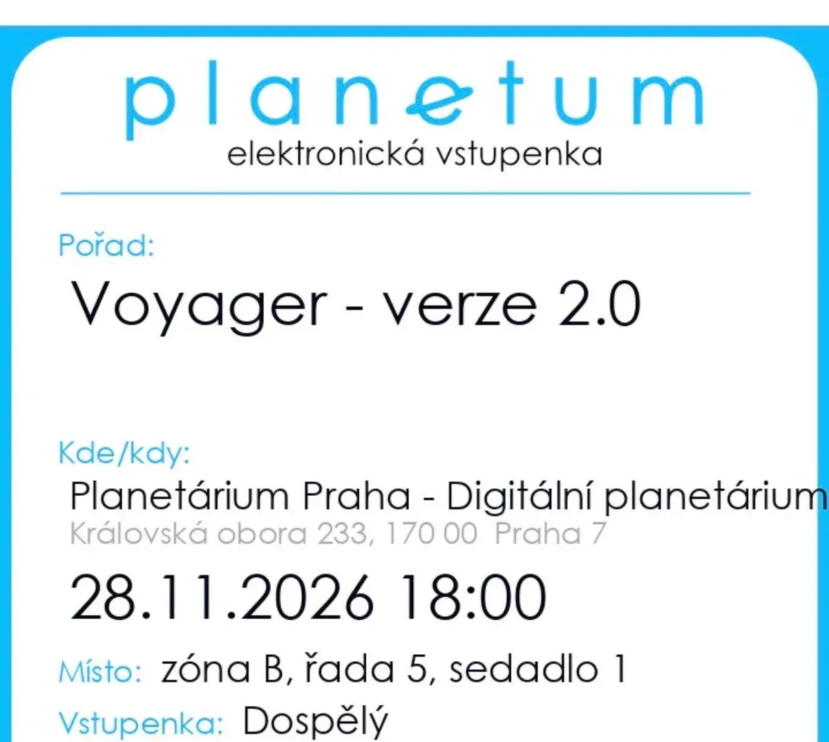 2× Planetárium Praha – Voyager 2.0 – 28. 11. 2026