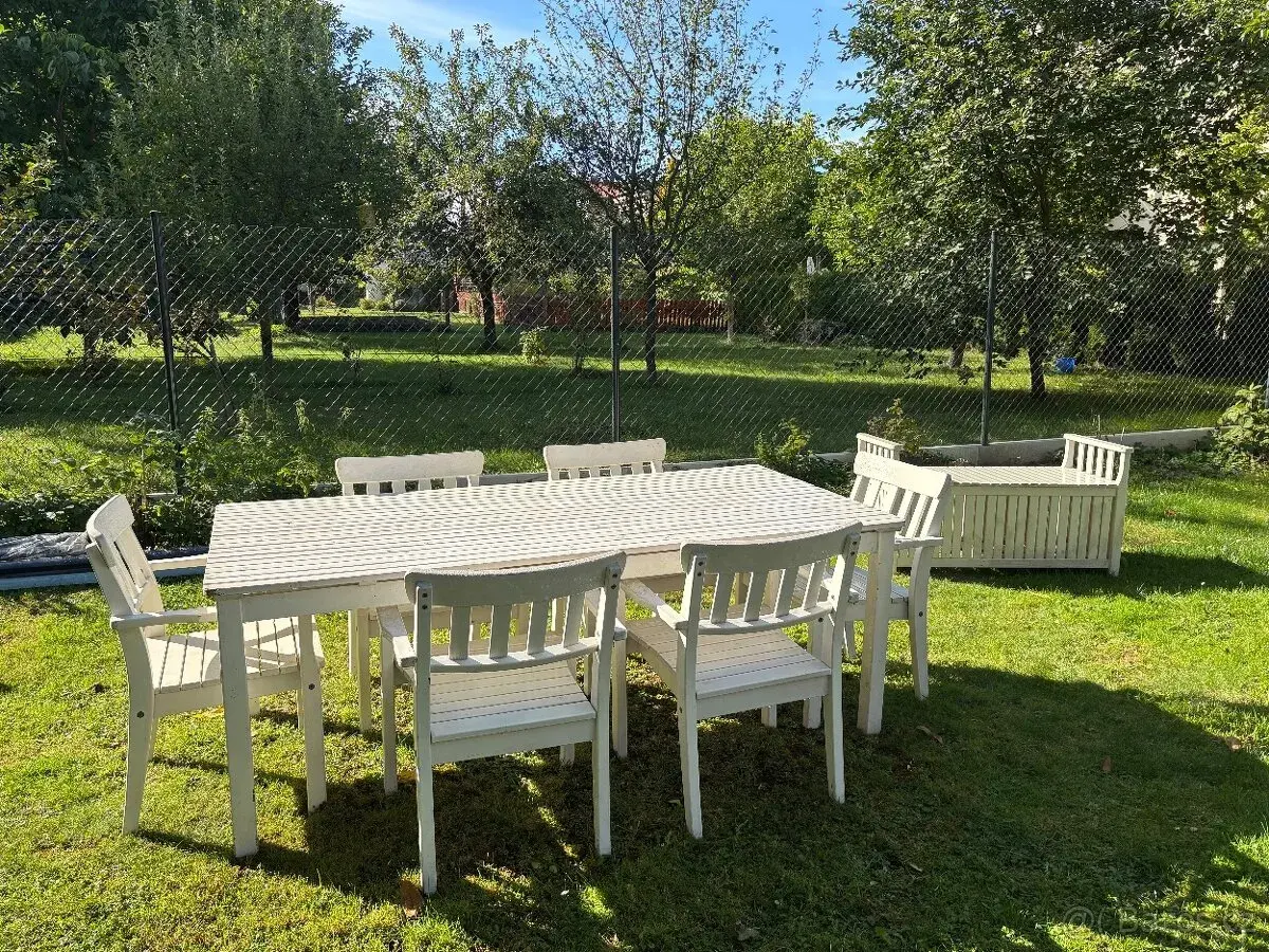 Zahradní jídelní set – stůl + 6 židlí + lavice