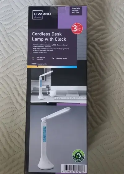 Aku stolní LED lampa s hodinami - bílá