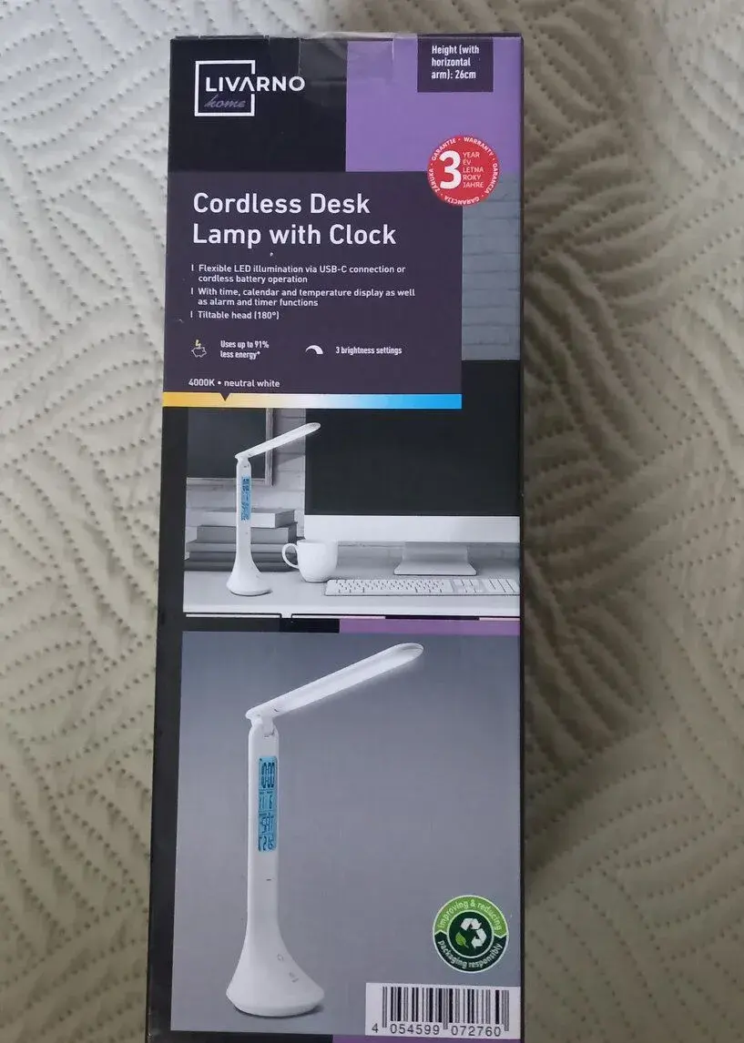Aku stolní LED lampa s hodinami - bílá