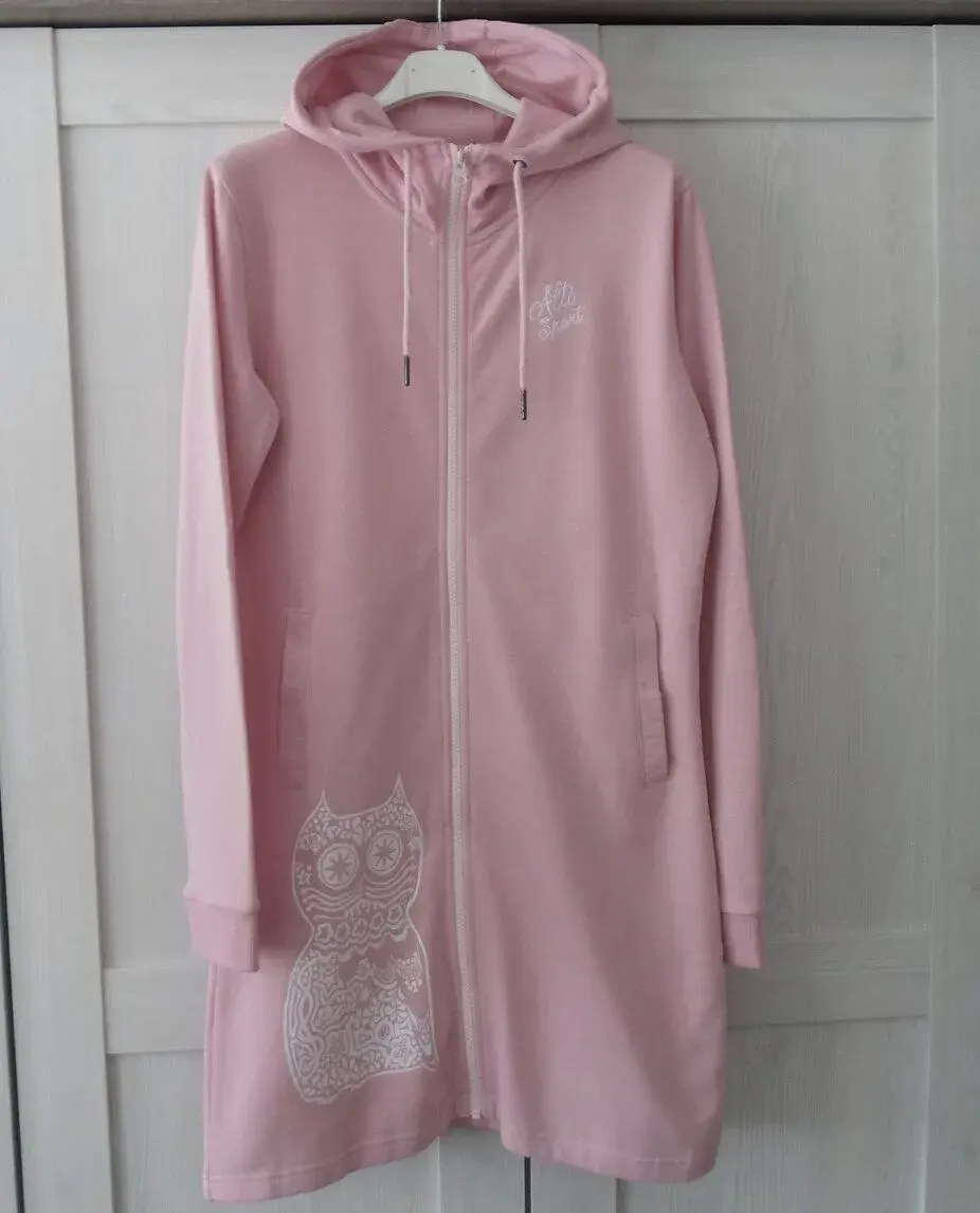 Růžová dlouhá mikina na zip s kapucí - XS, S