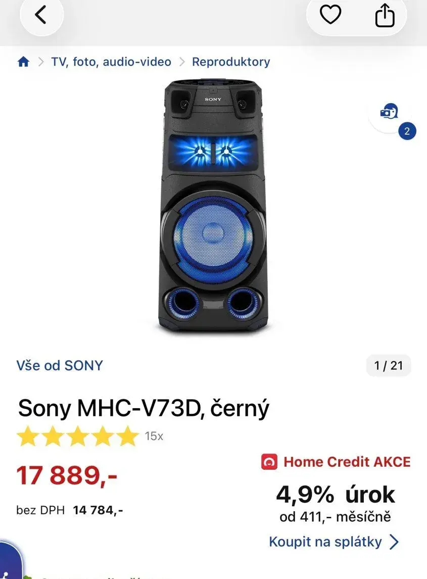 Sony MHC-V73D, černý bezdrátový reproduktor