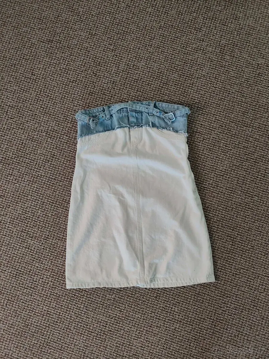 ZARA dámská bílá denim midi sukně s modrým pasem vel. M