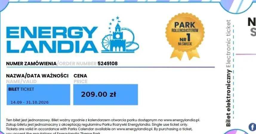 1 vstupenku do Energylandia