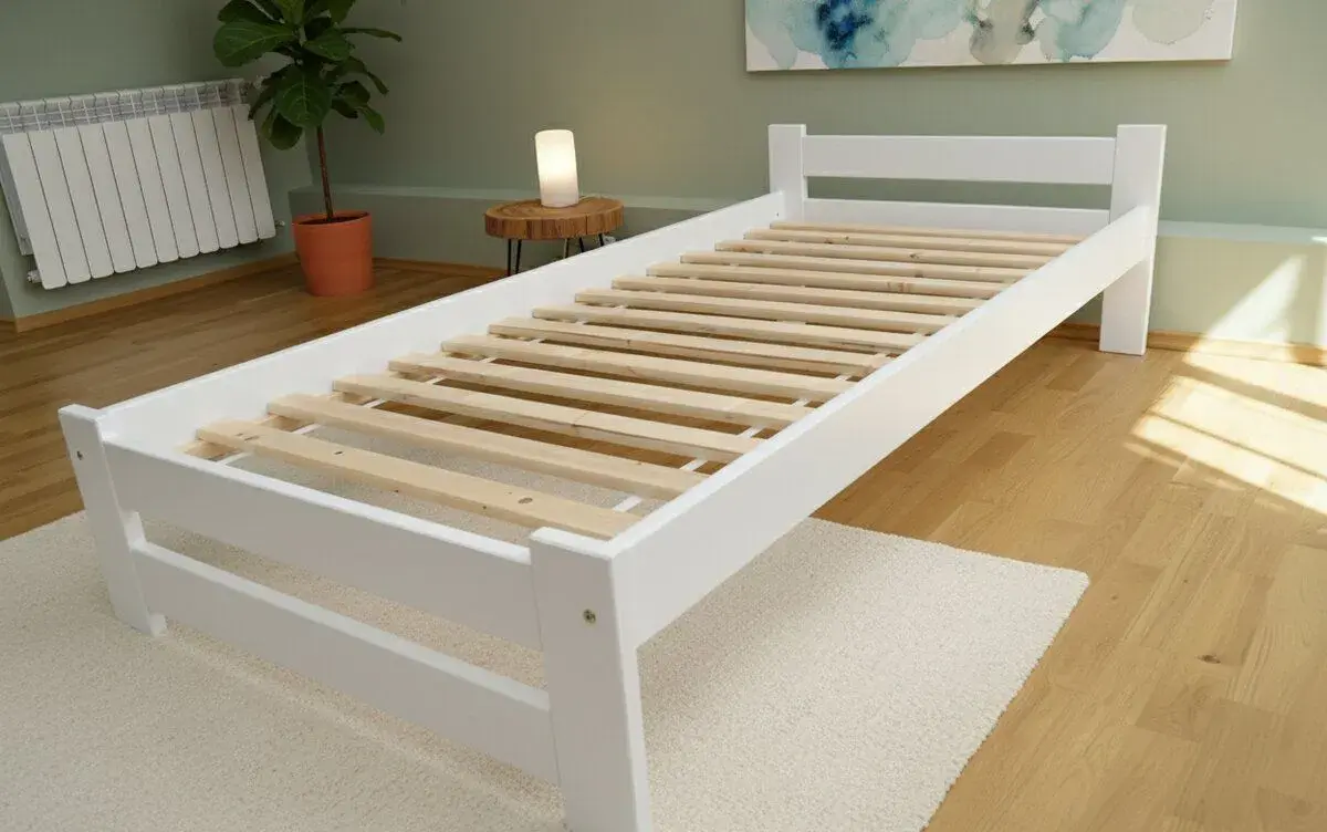 Nová postel borovice 90x200 cm bíla masiv s roštem