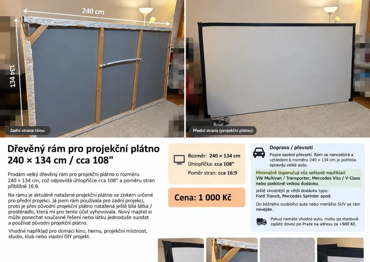 Velký dřevěný rám pro projekční plátno 240 × 134 cm cca 108