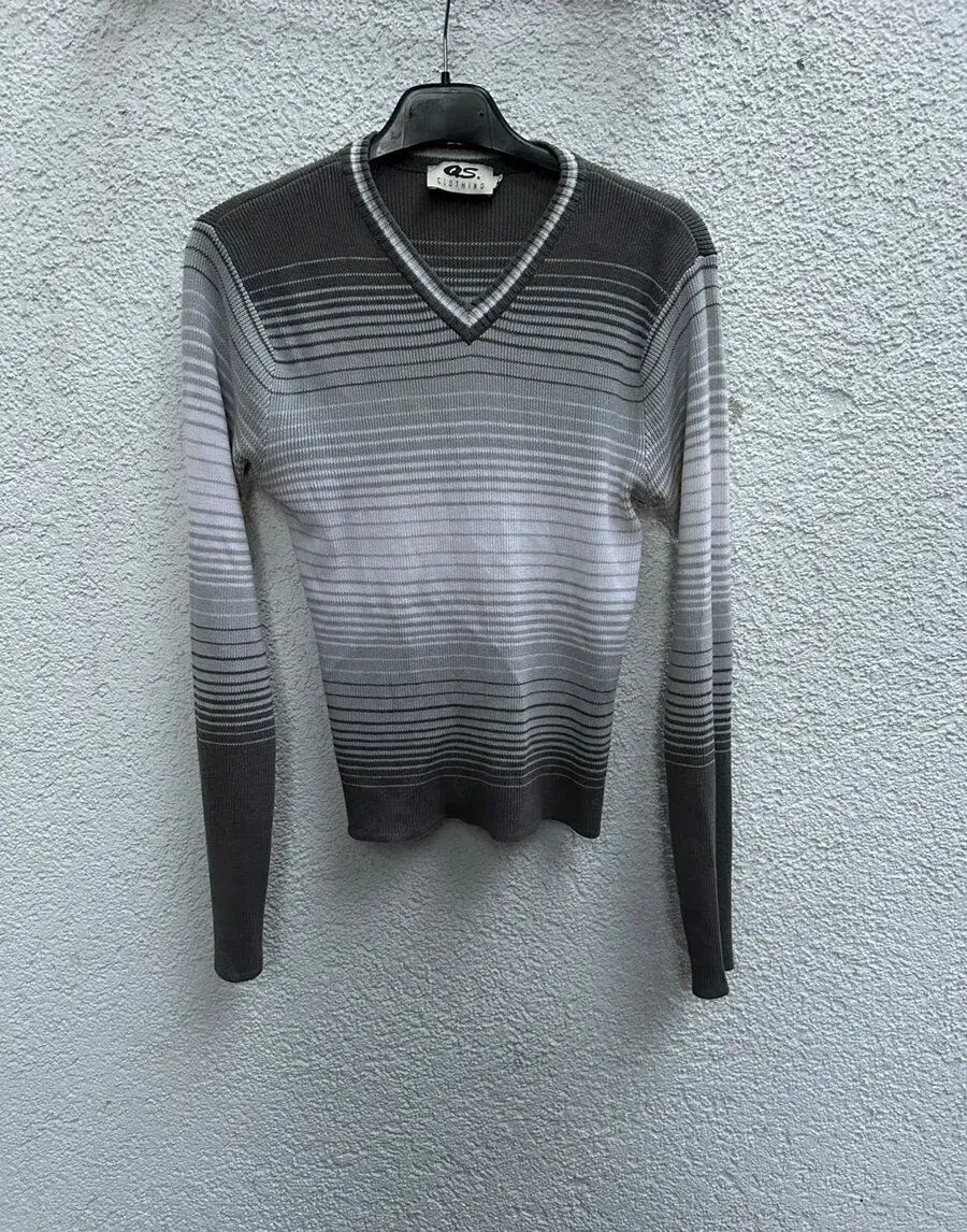 QS. Clothing šedý svetr S/M - V-výstřih - ombré pruhy - dlou