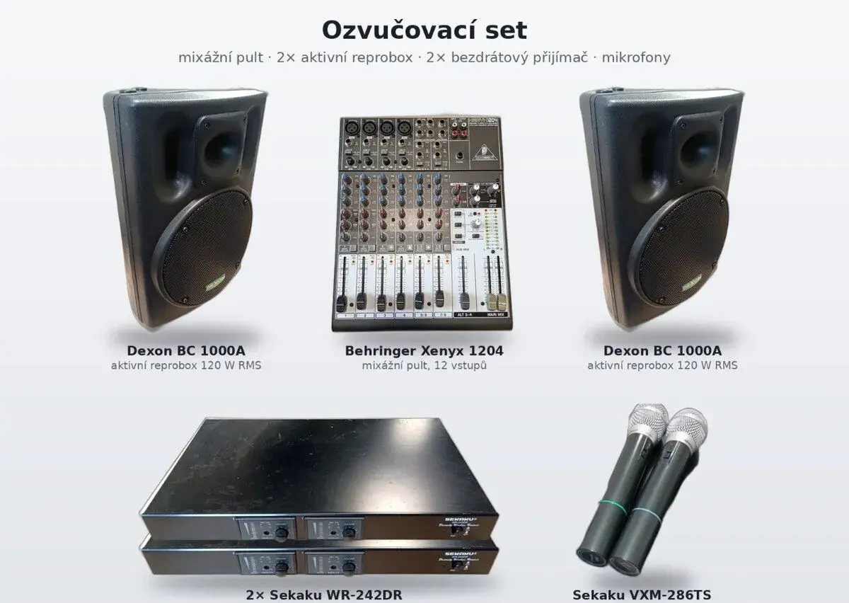 Ozvučovací set: 2× Dexon BC 1000A + Behringer Xenyx 1204