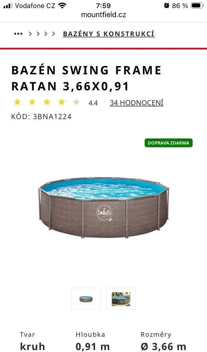 Komplet bazén pr.3,6m výška 0,9 včetně filtrace