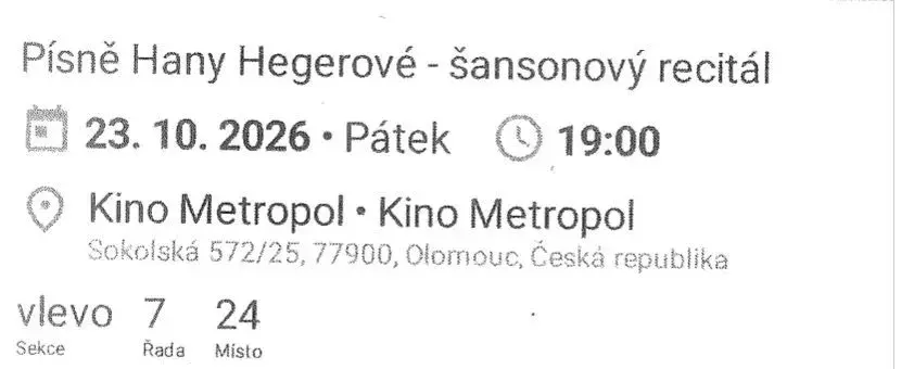 3 vstupenky na šansonový recitál Písně Hany Hegerové