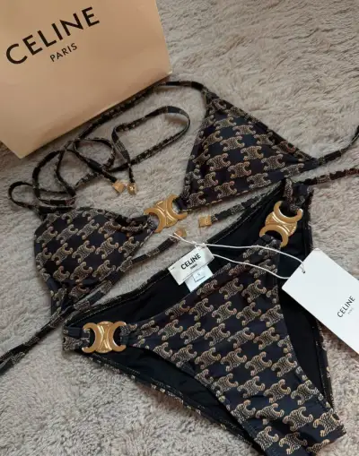 Plavky Celine s monogramem černohnědé se zlatými detaily