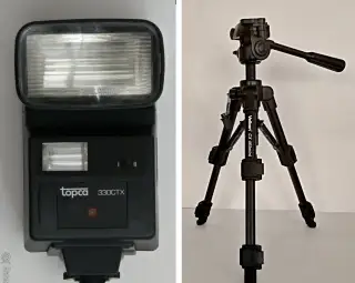 Blesk Topca 330 CTX, stativ VELBON CX 460mini, kovový stativ
