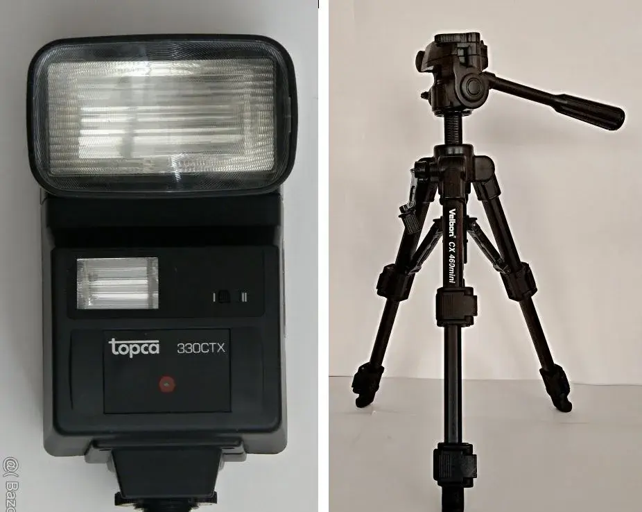 Blesk Topca 330 CTX, stativ VELBON CX 460mini, kovový stativ