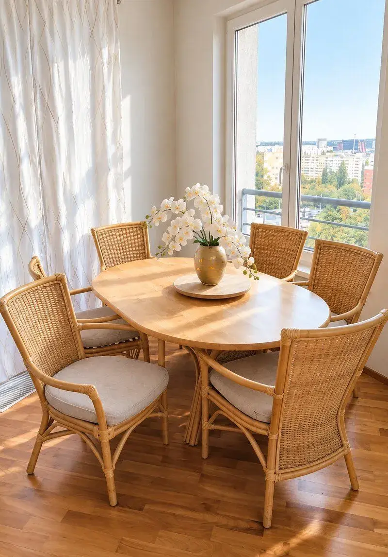 🌿 Elegantní ratanová jídelní sestava – stůl + 6 židlí