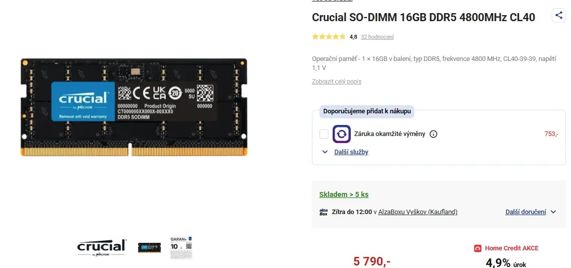 1x 16GB DDR5-5200 notebook