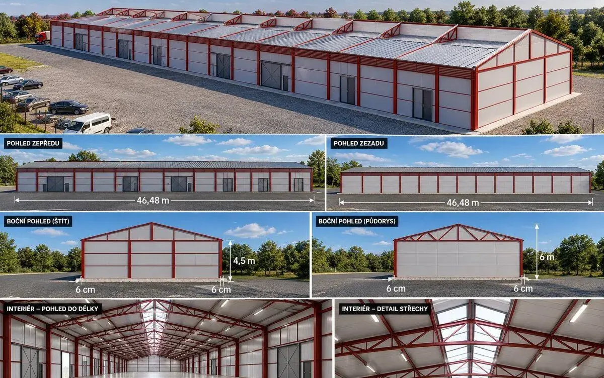 OCELOVÁ KONSTRUKCE HALY 10 × 46,6 m – 466 m²