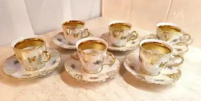Hrníčky a talířky 12ks - Karlovarský porcelán (zlacený)