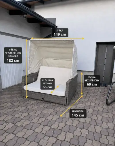Zahradní rozkládací ratanová sedačka s polohovací střechou