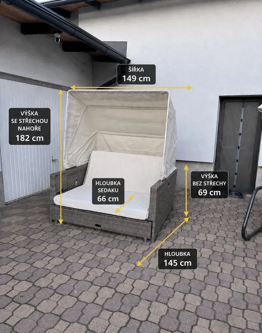 Zahradní rozkládací ratanová sedačka s polohovací střechou