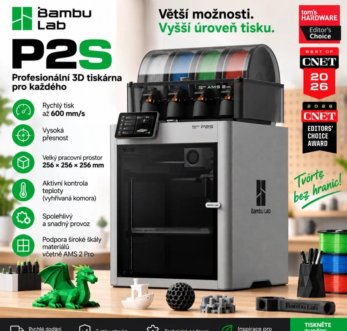 Bambu Lab P2S Combo + AMS 2 Pro NOVÁ, 2 roky záruka
