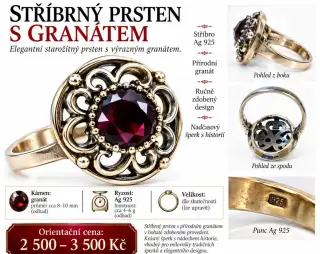 Granátovy stříbrný prsten