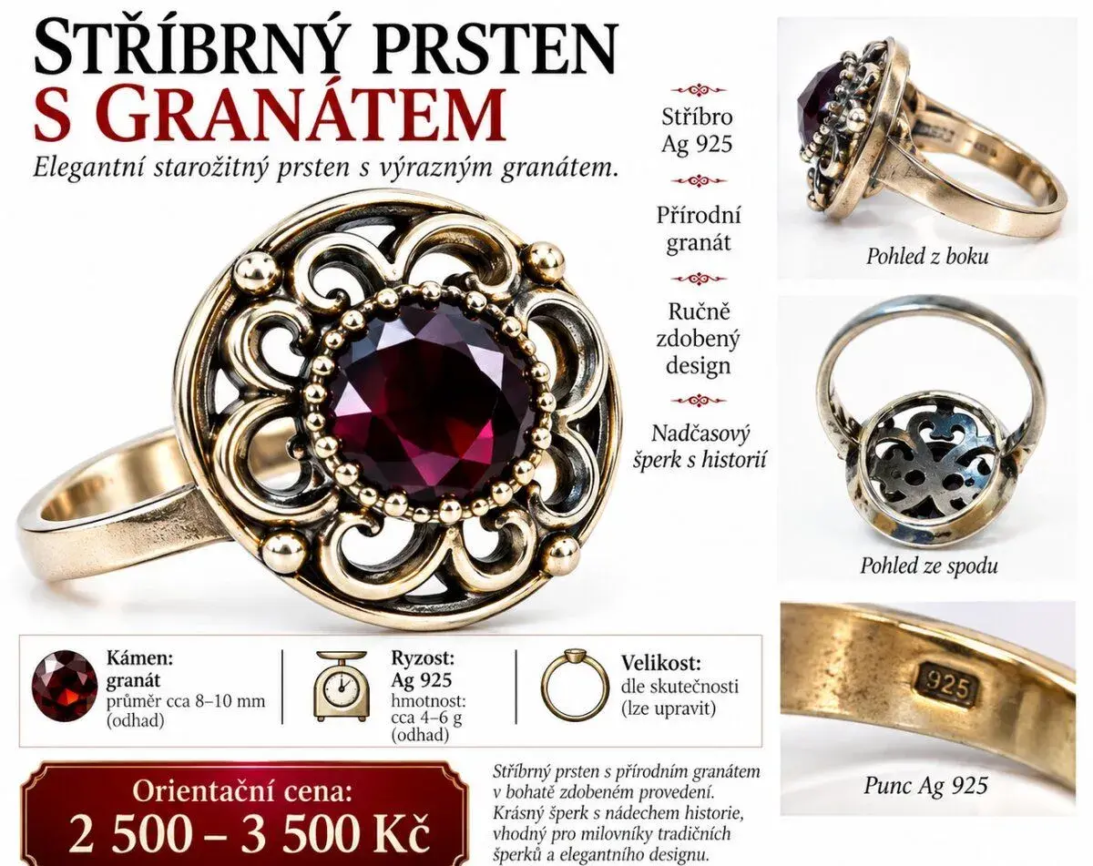 Granátovy stříbrný prsten