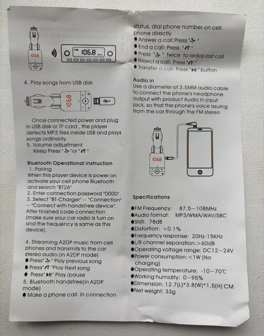 NOVÝ Bluetooth FM transmitter do auta – handsfree, MP3, USB