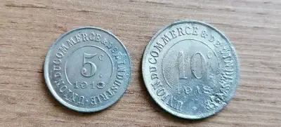 Francie 5 a 10 Cent. 1918 válečné francouzské nouzové mince