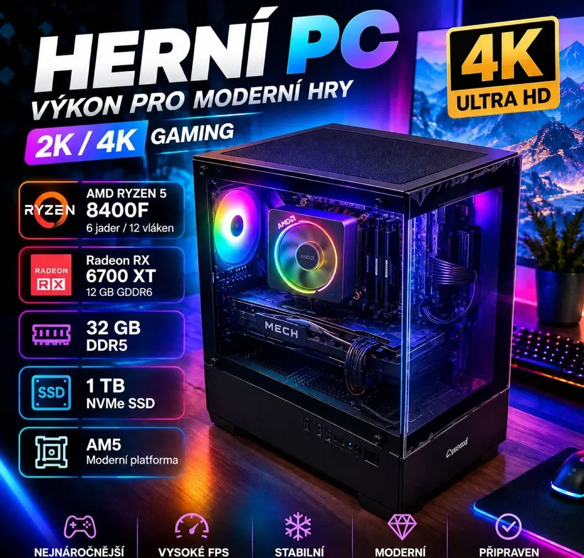 2k/4k herní PC – Ryzen 5 8400f / RX 6700 XT 12GB / 32GB DDR5