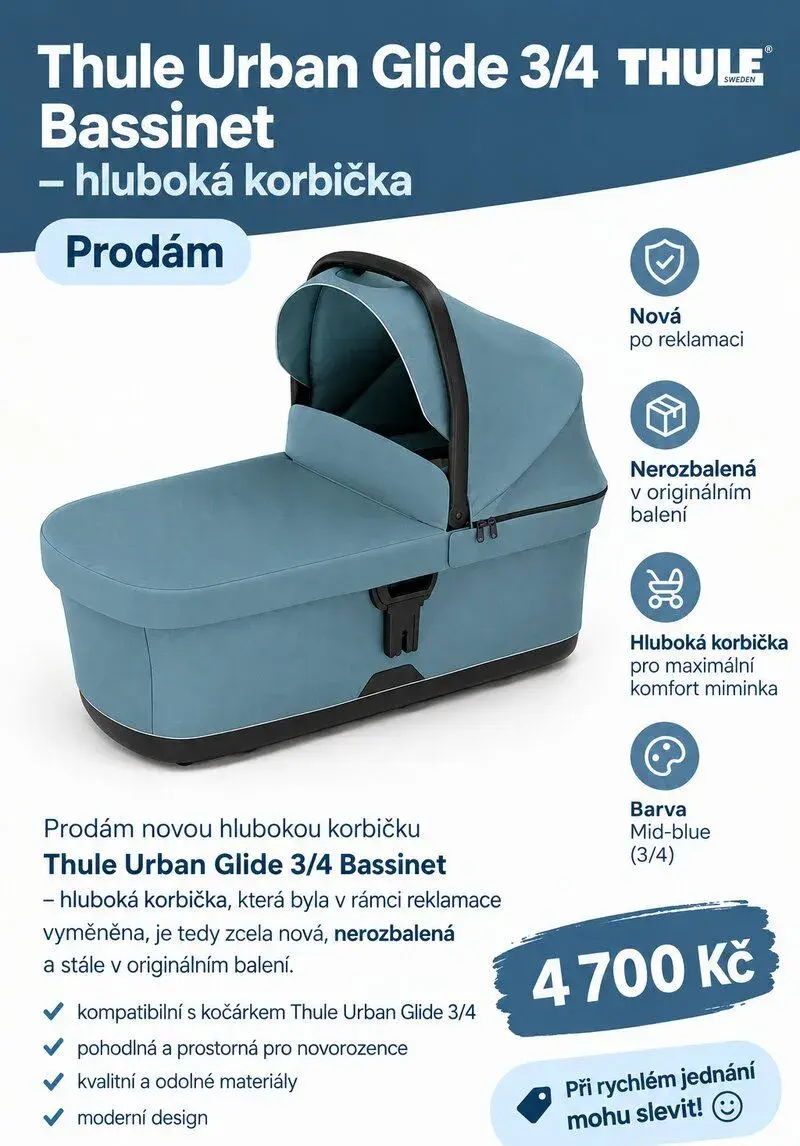 Hluboká korbička Thule Urban Glide 3/4 Bassinet, Mid-blue