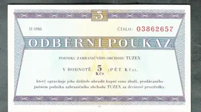 Staré bankovky TUZEX BONY 5 kčs, pěkný stav