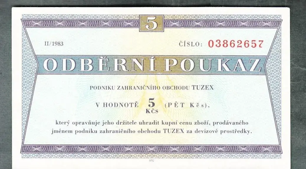 Staré bankovky TUZEX BONY 5 kčs, pěkný stav