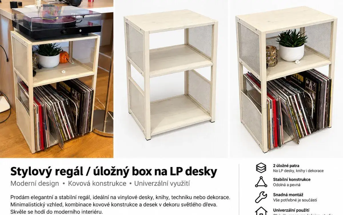 Stylový regál na vinylové desky / knihovna – bílá, kov + dře