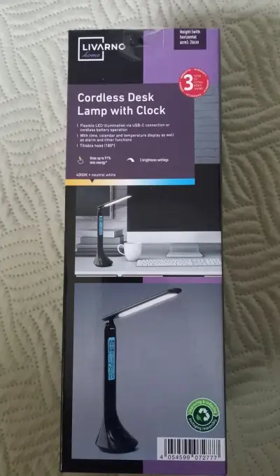 Aku stolní LED lampa s hodinami - černá - nová