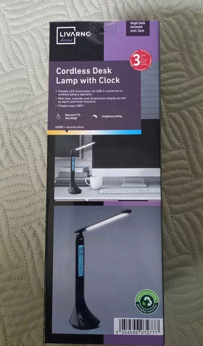 Aku stolní LED lampa s hodinami - černá - nová