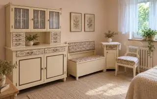 Příborník, skříňka, židle, lavice s úložným prostorem
