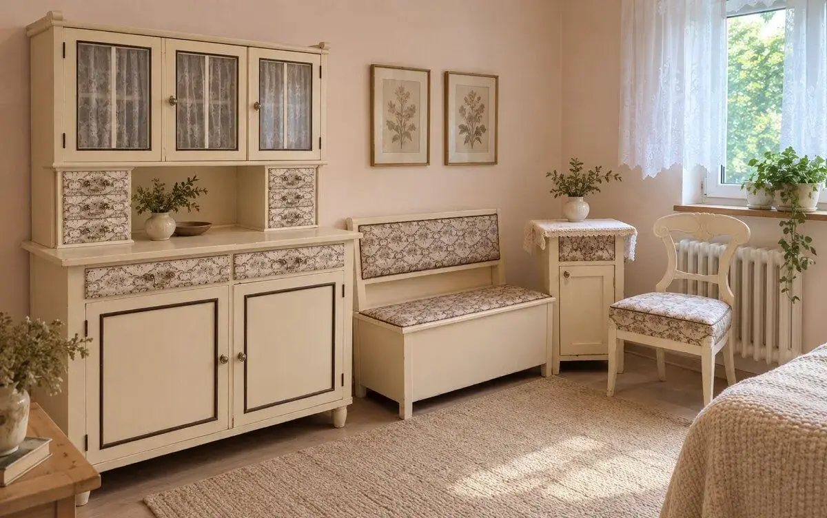Příborník, skříňka, židle, lavice s úložným prostorem