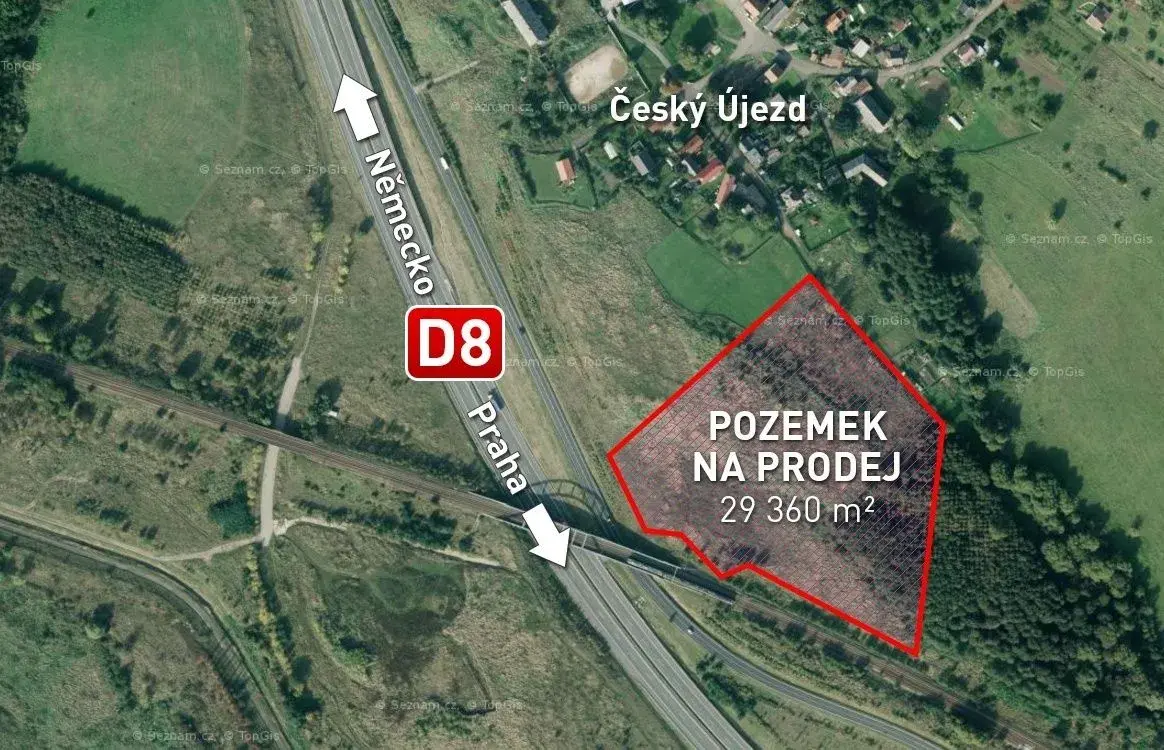 - Na prodej: pozemek u dálnice D8, 29 360m2, 204Kč/m2